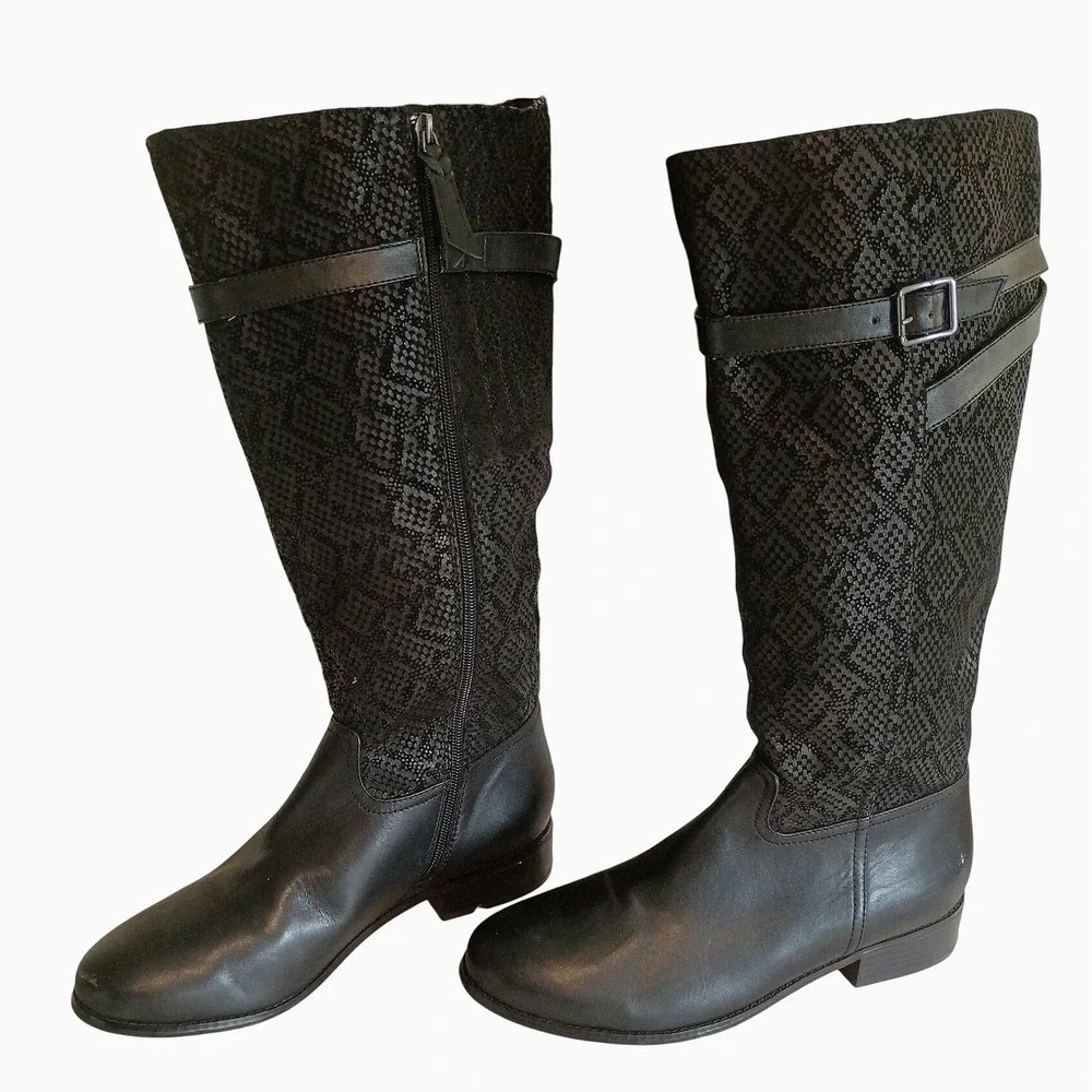 Trotters Black Snakeskin Textured Tall‎ Riding Boots Side Zip Buckle 10.5M
